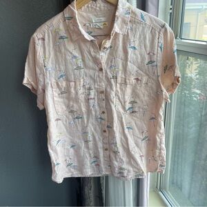 C&C California Pink Umbrella Patterned Shirt 100% Linen‎ Size Medium